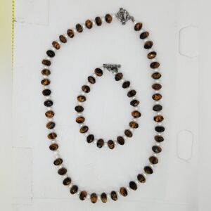 Vtg Faceted Tiger's Eye &Freshwater Pearl Beaded Necklace Bracelet Set Handmade